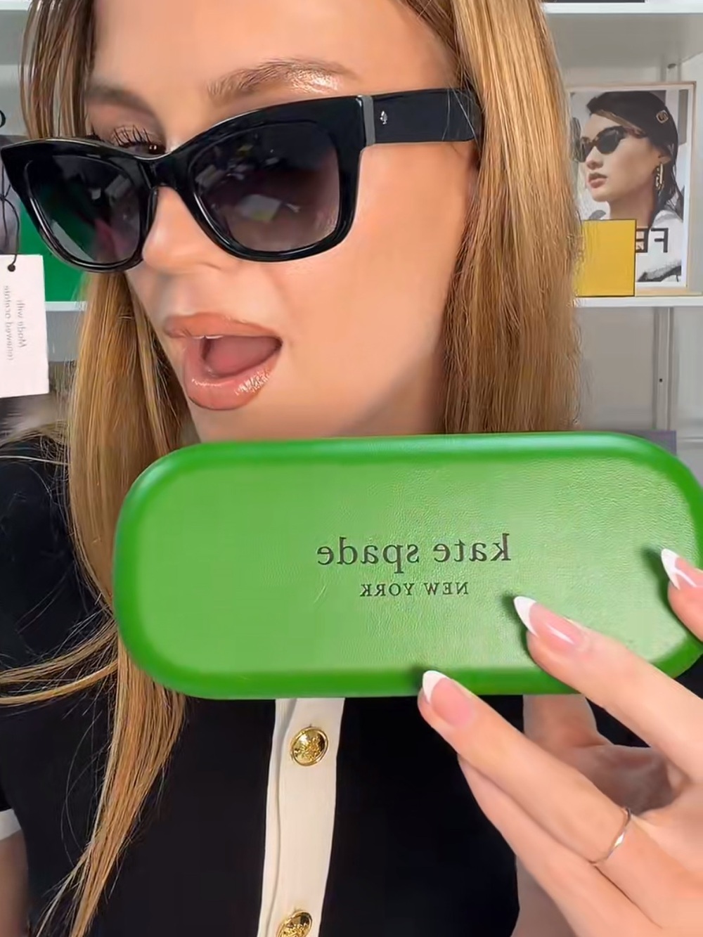kate spade Black Cat-Eye Sunglasses with Green Case